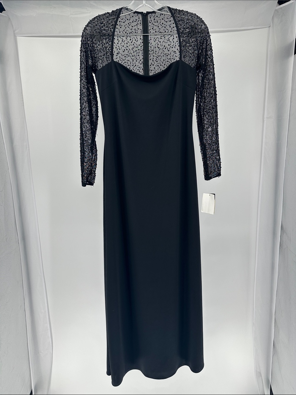 JS Boutique Black Long Sleeve Beaded Illusion Evening Gown